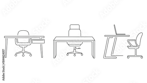 Minimal line art office desk and chair set showing different workspace views, modern outline illustration for business and workplace concepts