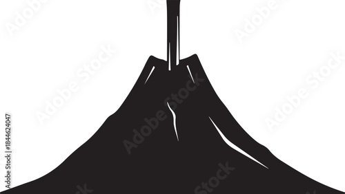 A bold and dramatic collection of volcano silhouettes featuring erupting peaks, lava flows, smoke plumes, and mountain outlines