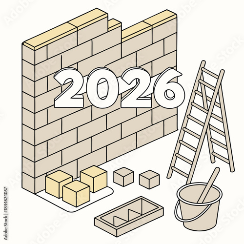 Illustration of a brick wall being constructed to form the numbers 2026 with building materials like bricks, ladder, and bucket