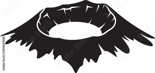 A bold and dramatic collection of volcano silhouettes featuring erupting peaks, lava flows, smoke plumes, and mountain outlines