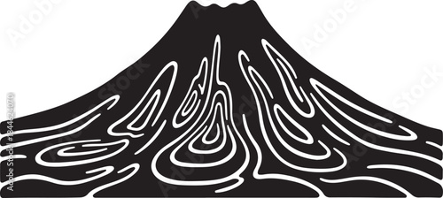 A bold and dramatic collection of volcano silhouettes featuring erupting peaks, lava flows, smoke plumes, and mountain outlines