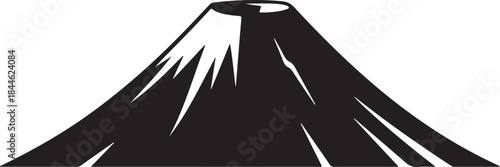 A bold and dramatic collection of volcano silhouettes featuring erupting peaks, lava flows, smoke plumes, and mountain outlines