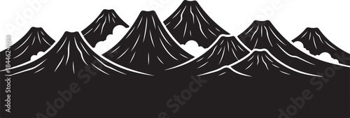 A bold and dramatic collection of volcano silhouettes featuring erupting peaks, lava flows, smoke plumes, and mountain outlines