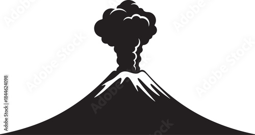 A bold and dramatic collection of volcano silhouettes featuring erupting peaks, lava flows, smoke plumes, and mountain outlines
