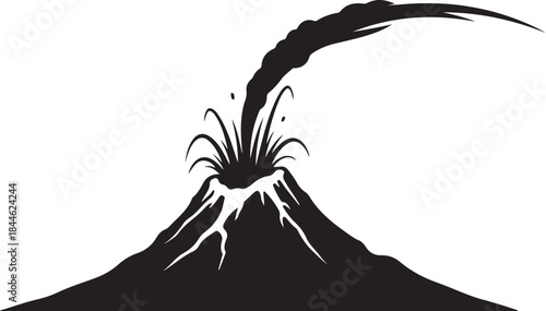 A bold and dramatic collection of volcano silhouettes featuring erupting peaks, lava flows, smoke plumes, and mountain outlines