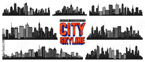 Set of vector modern city silhouette or urban area landscape with high buildings and windows on white background. Cityscape, night town and downtown monochrome panoramic view. City skyline icon art.