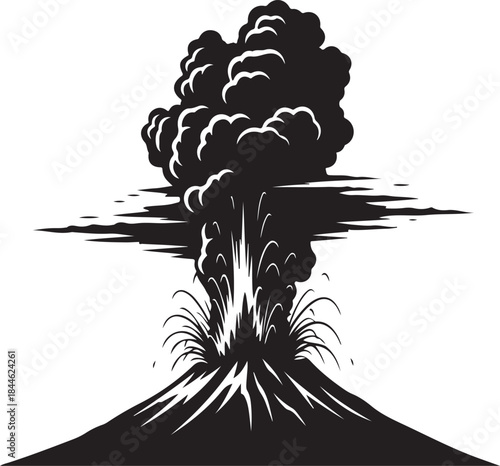 A bold and dramatic collection of volcano silhouettes featuring erupting peaks, lava flows, smoke plumes, and mountain outlines