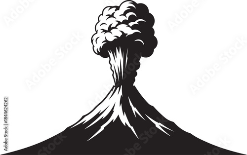 A bold and dramatic collection of volcano silhouettes featuring erupting peaks, lava flows, smoke plumes, and mountain outlines