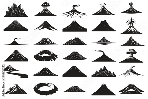 A bold and dramatic collection of volcano silhouettes featuring erupting peaks, lava flows, smoke plumes, and mountain outlines