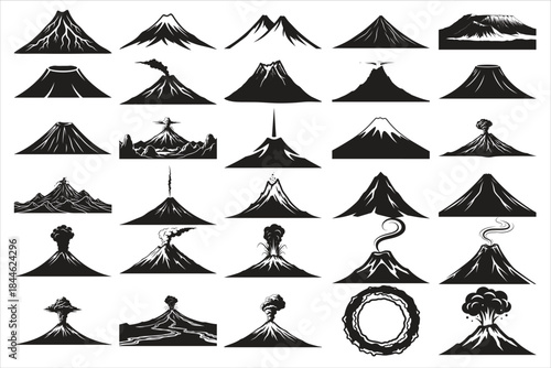 A bold and dramatic collection of volcano silhouettes featuring erupting peaks, lava flows, smoke plumes, and mountain outlines