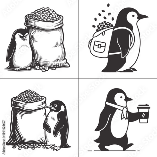 cute penguin coffee bean bag cartoon set cafe mascot t shirt design