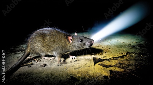 Fototapeta Naklejka Na Ścianę i Meble -  A brown rat stands on dirty ground illuminated by a harsh flashlight beam in the dark. The scene evokes pest control and urban decay themes, ideal for hygiene and wildlife concepts.