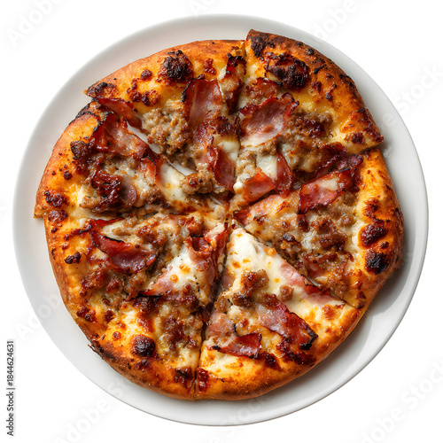 Hot Meat Lovers Pizza with Bacon, Sausage, and Cheese on White Plate – Delicious Italian Fast Food, Freshly Baked Perfectly Golden Crust