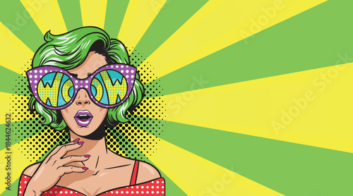 Beautiful woman shocked and scared in big glasses wow pop art style on a colored background