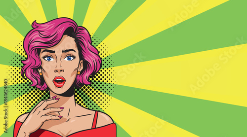 Beautiful woman shocked and scared in pop art style on a colored background