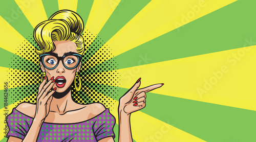 A beautiful woman is scared and shows pop art style on a colored background