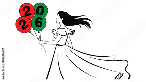 Elegant line art woman holding 2026 balloons celebrating new year concept, modern minimalist illustration for greeting cards and branding