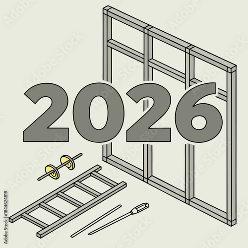 3d isometric illustration of the year 2026 being constructed from unfinished wooden beams with a toolbox and construction tools nearby