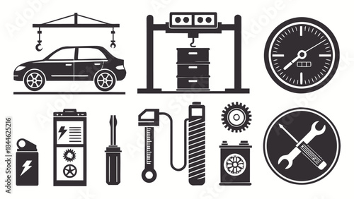 Black Silhouette Vector Icon Set of Automotive Maintenance and Car Repair Tools for Service Applications