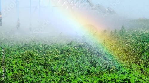 Automatic irrigation system (sprinkler system) that waters plants in a potato field.