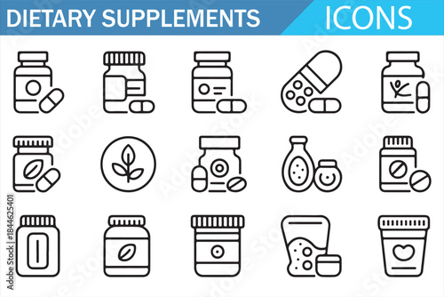 Dietary Supplements Icons Set in Outline Style, Vitamins and Nutrition Symbols Collection for Health, Wellness, Pharmacy, UI, Web and Medical Design