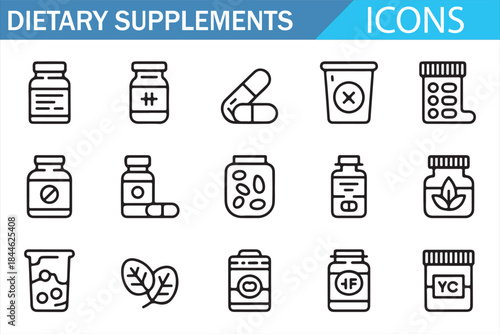 Dietary Supplements Outline Icons Set for Health and Wellness Design