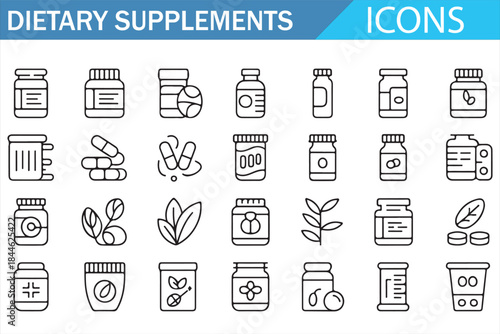 Herbal and Vitamin Supplements Line Icon Collection