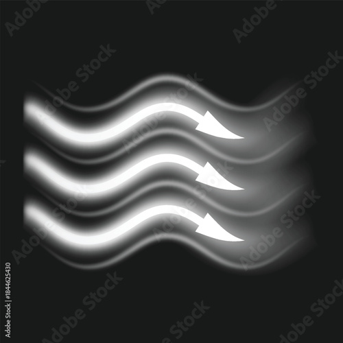 Air flow, white wave arrows showing wind direction of air movement, vector normal stream from an air conditioner