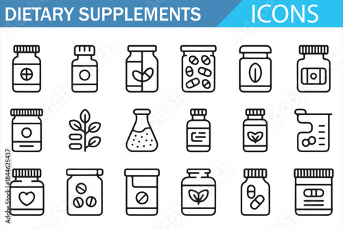 Supplement Pills and Bottles Outline Icon Pack
