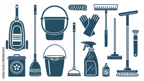 Efficient Black Silhouette Vector Icon Set of Cleaning Service Tools for Professional Housekeeping Applications