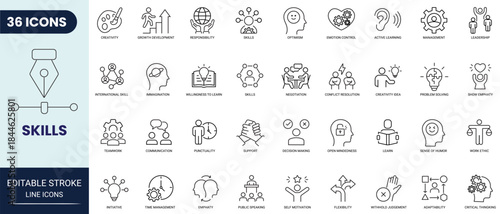 Skills line icon set. Includes communication, empathy, assertiveness, personality, problem-solving, creativity, punctuality, work ethics, and more. Editable stroke. Full Vector.