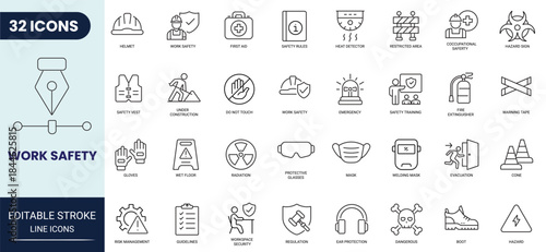 Work safety line icon set. Includes safety training, Safety first, hard hat, insurance, first aid kit, risk management, regulation, and more. Editable stroke. Full Vector.
