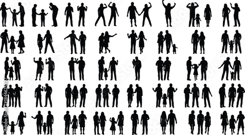 Silhouette family vector, parents and children walking, holding hands, bonding moments, black isolated figures, happy family poses, stock illustration