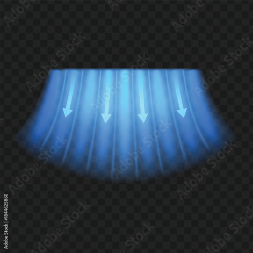Cold air flow, blue arrows showing wind direction of air movement, vector fresh stream, blurred air flow down motion