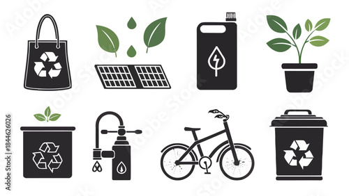 Sustainable Black Silhouette Vector Icon Set of Eco-Friendly Lifestyle Symbols for Environmental Awareness and Green Living