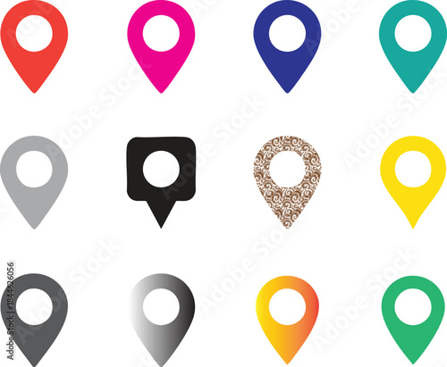 location pin icon set with colorful styles and circular center hole arranged in grid for navigation use