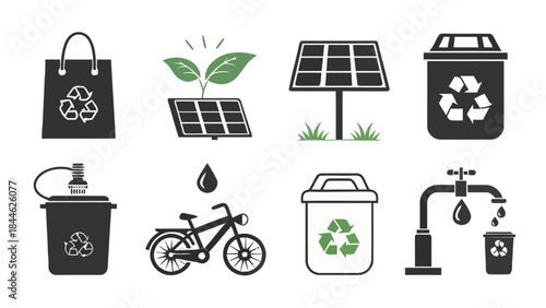 Conscious Black Silhouette Vector Icon Set for Eco-Friendly Lifestyle, Sustainability, and Green Living Initiatives