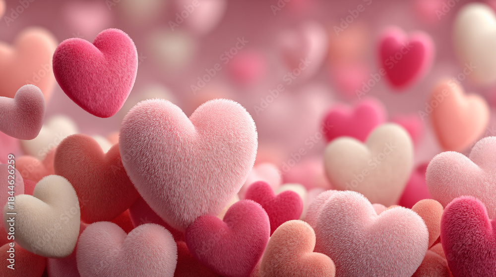 Obraz premium Close-up macro photography of velvety, textured hearts in pink and cream tones. A bright pink heart pops in the foreground against a softly blurred pastel background