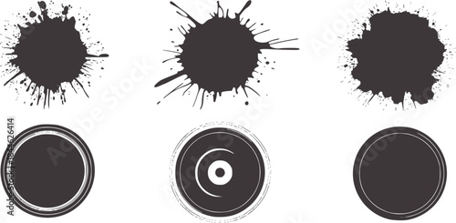 Black and gray abstract ink splatter and circular texture set