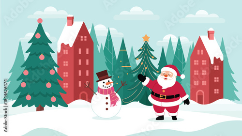  santa claus and snowman in winter village with decorated christmas trees and houses, festive snowy holiday illustration in flat style for christmas greeting, celebration and seasonal design