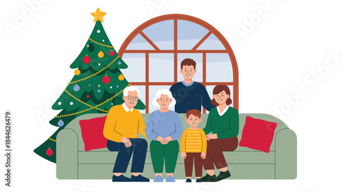  happy family sitting together on sofa near decorated christmas tree at home, cozy winter holiday celebration scene in flat illustration style for festive greeting, tradition and seasonal concept