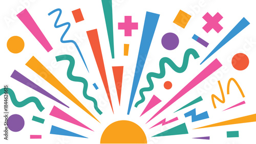  colorful abstract celebration burst with confetti shapes and geometric lines, festive modern design isolated on white background for party, event, holiday and joyful decoration concept