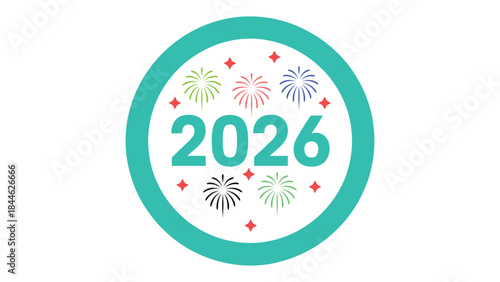  2026 happy new year circular badge with colorful fireworks and modern flat design, festive calendar year icon isolated on white background for celebration, greeting and branding