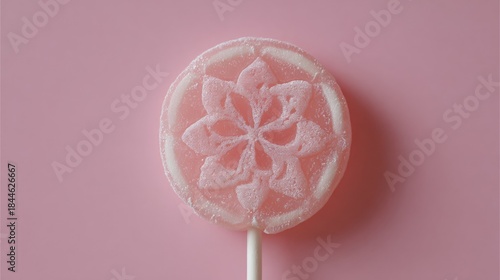 Close-up of a pink lollipop on a pink background. the lollipops are round and have a white flower design on them.