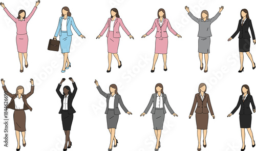 Business women characters set wearing formal suits in various poses isolated flat vector illustration corporate office professional concept collection