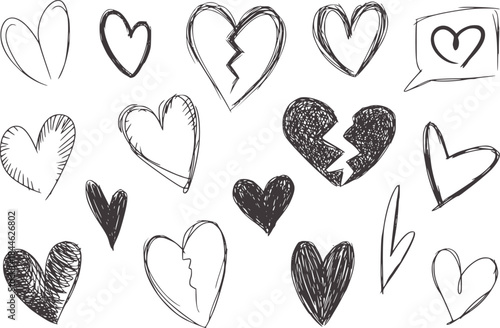 Black and white hand drawn doodle hearts collection