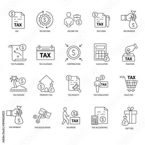 Tax icon set for finance, accounting, and business reporting projects.