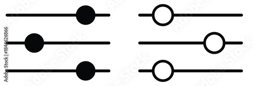 slider control icons three horizontal slider bar icons with round knob different positions one flat solid monochrome one thin black outline black and white one full color flat icon 