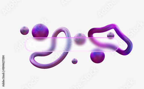 A glass search bar with volumetric geometric shapes in a shiny gradient purple.