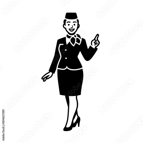 Professional female flight attendant with a welcoming smile in aircraft cabin providing comfortable